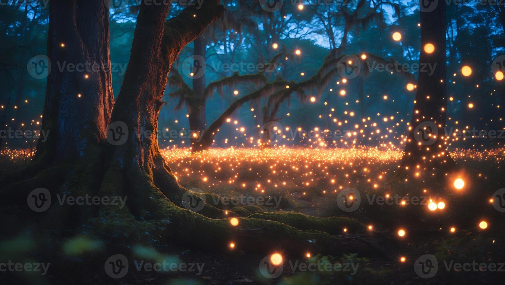 Glowing Lights in Forest Floor Creates Magical Atmosphere at Night photo