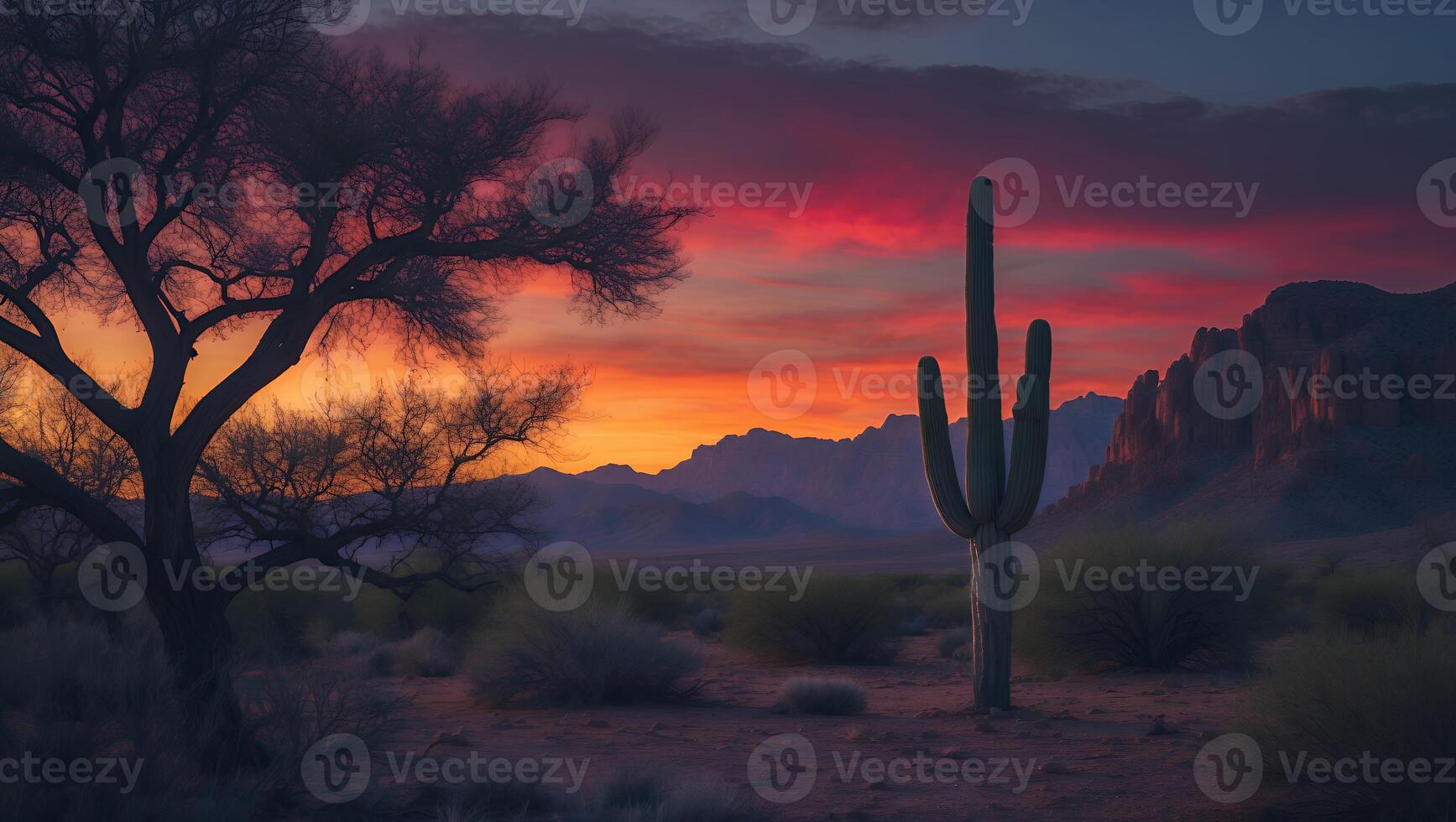 Cactus Standing Tall in Desert Landscape with Fiery Sunset Sky photo