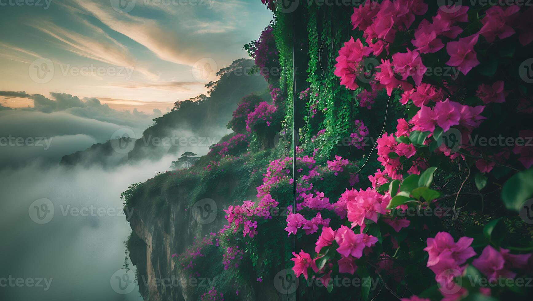 Cliffside Flowers Overlooking Foggy Valley with Sunrise Clouds photo