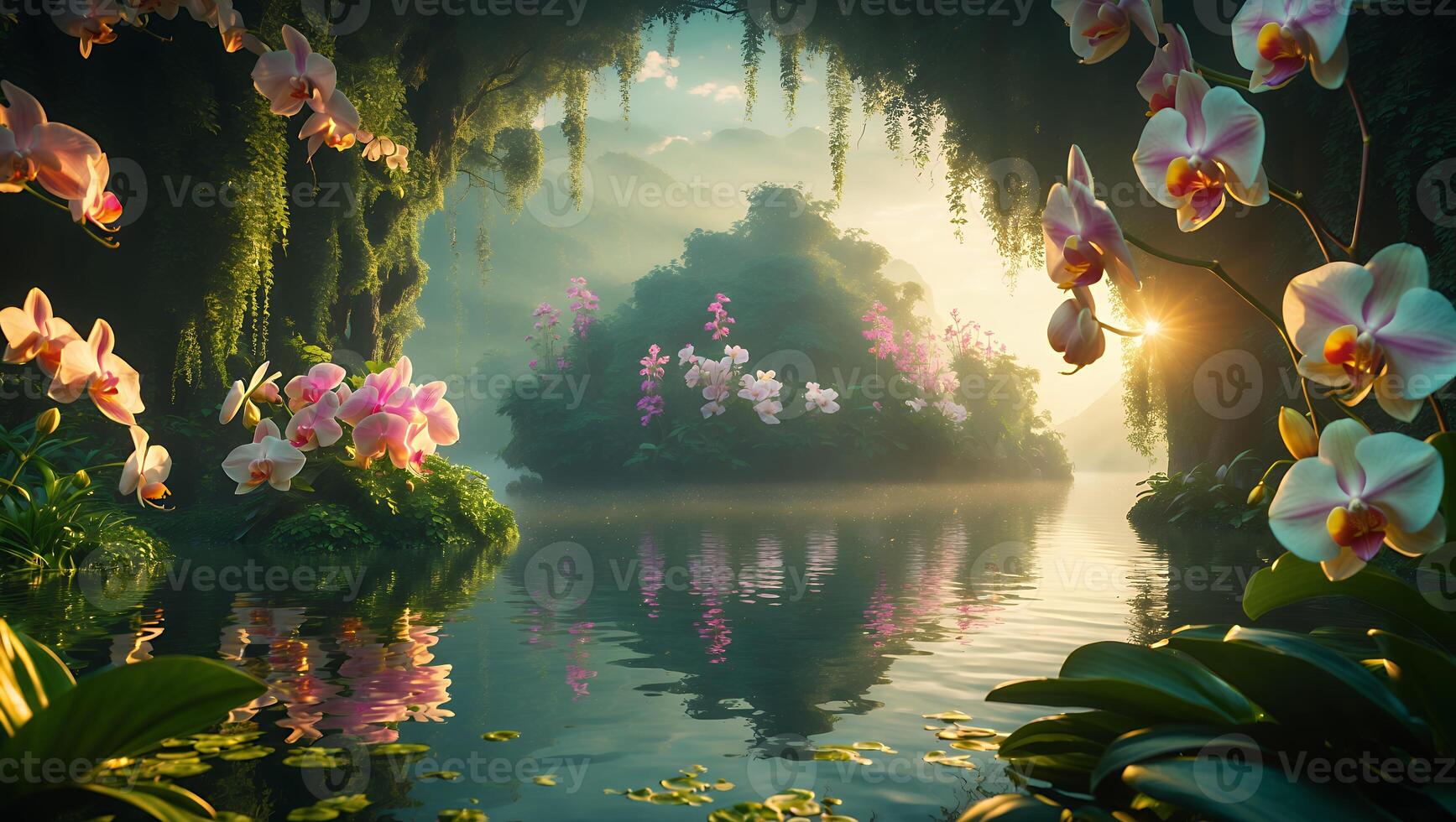 Peaceful Lake with Island and Flowers Reflecting Sunset Light photo