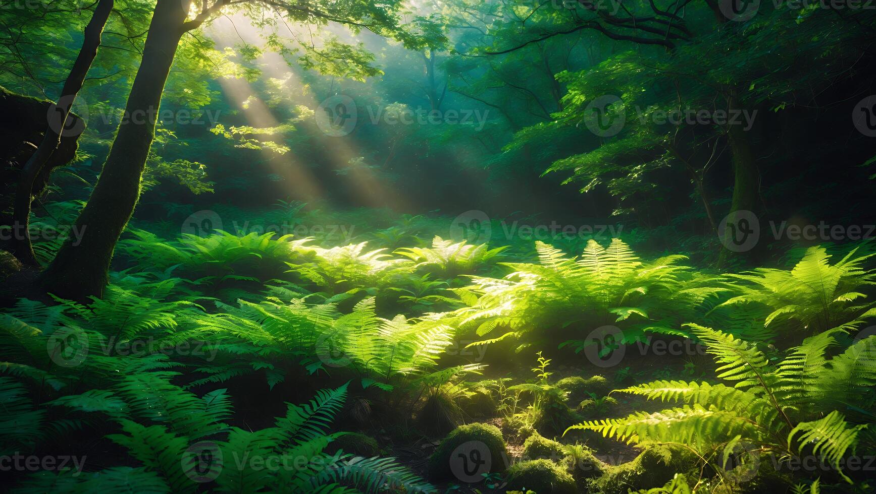 Sunbeams Through Forest Canopy Illuminating Lush Green Fern Ground Cover photo