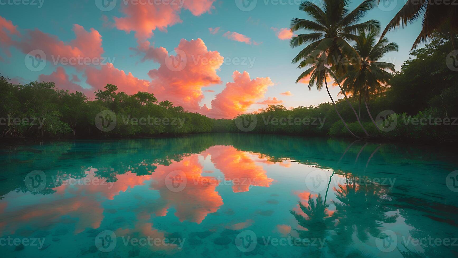 Calm Tropical Lagoon at Sunset Reflecting Pink Clouds and Palm Trees photo