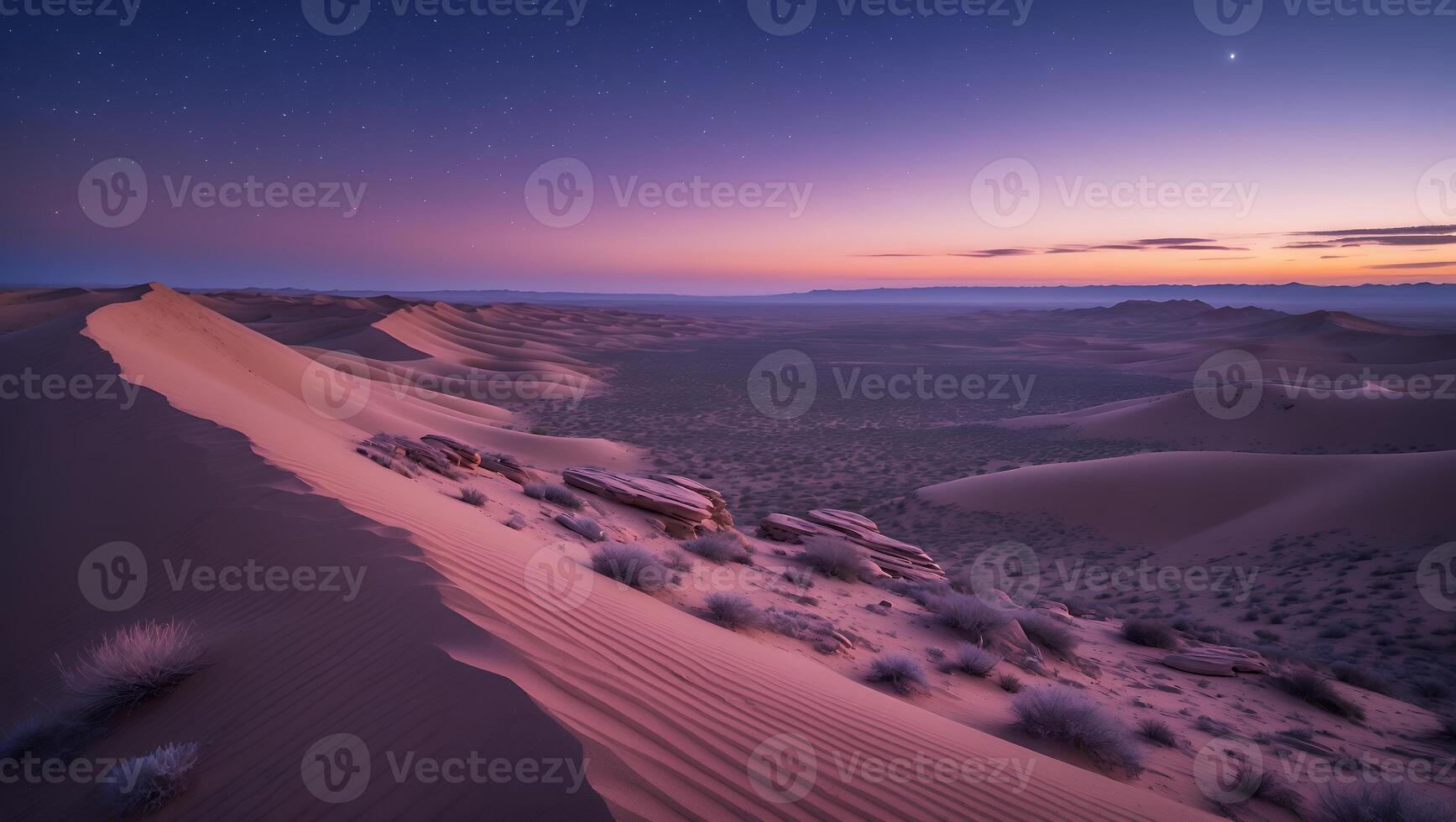 Desert Dunes at Twilight Under Starry Sky with Color Gradient photo