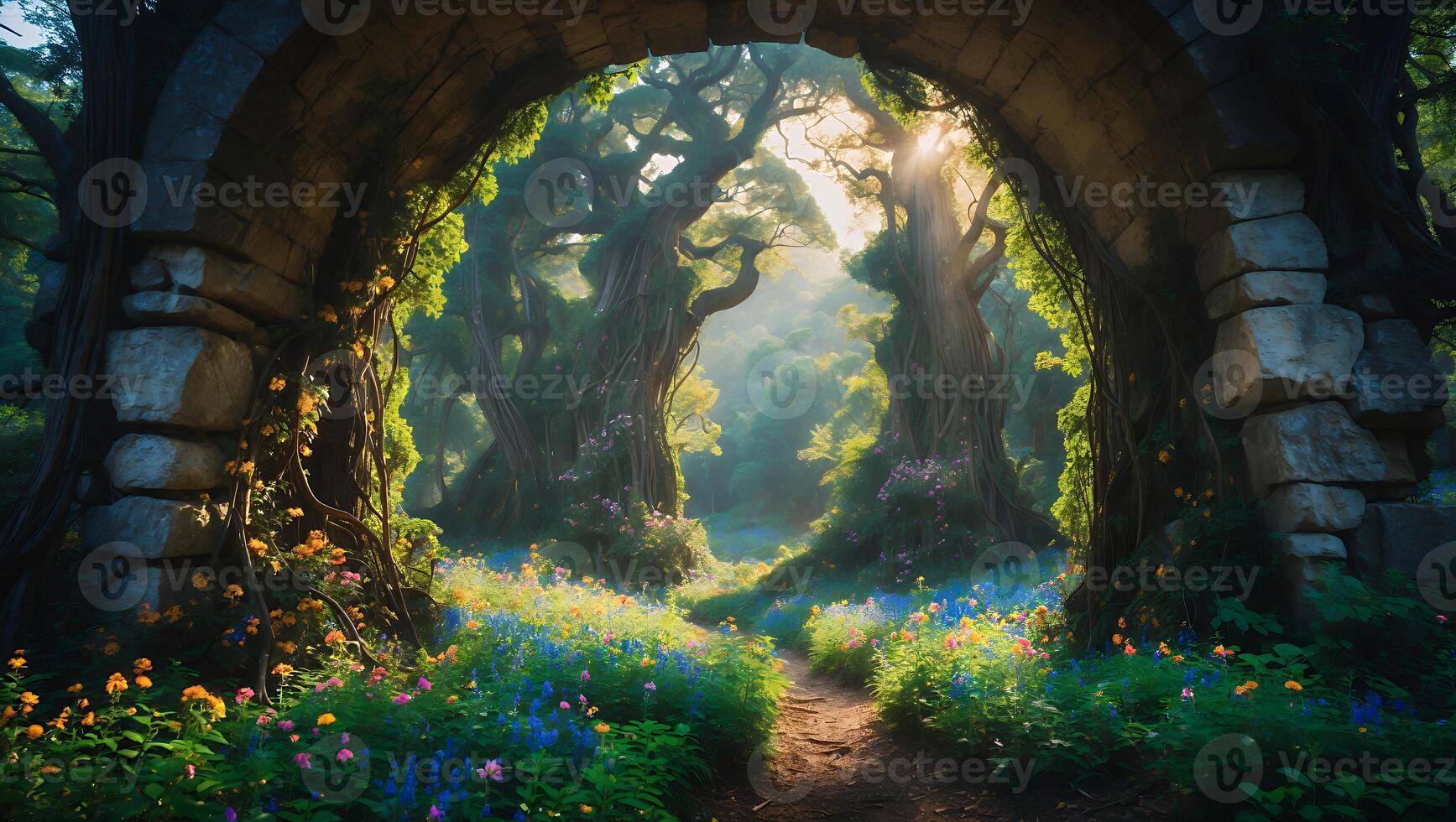 Walking Through Stone Archway Into Lush Flower Meadow Forest Path photo