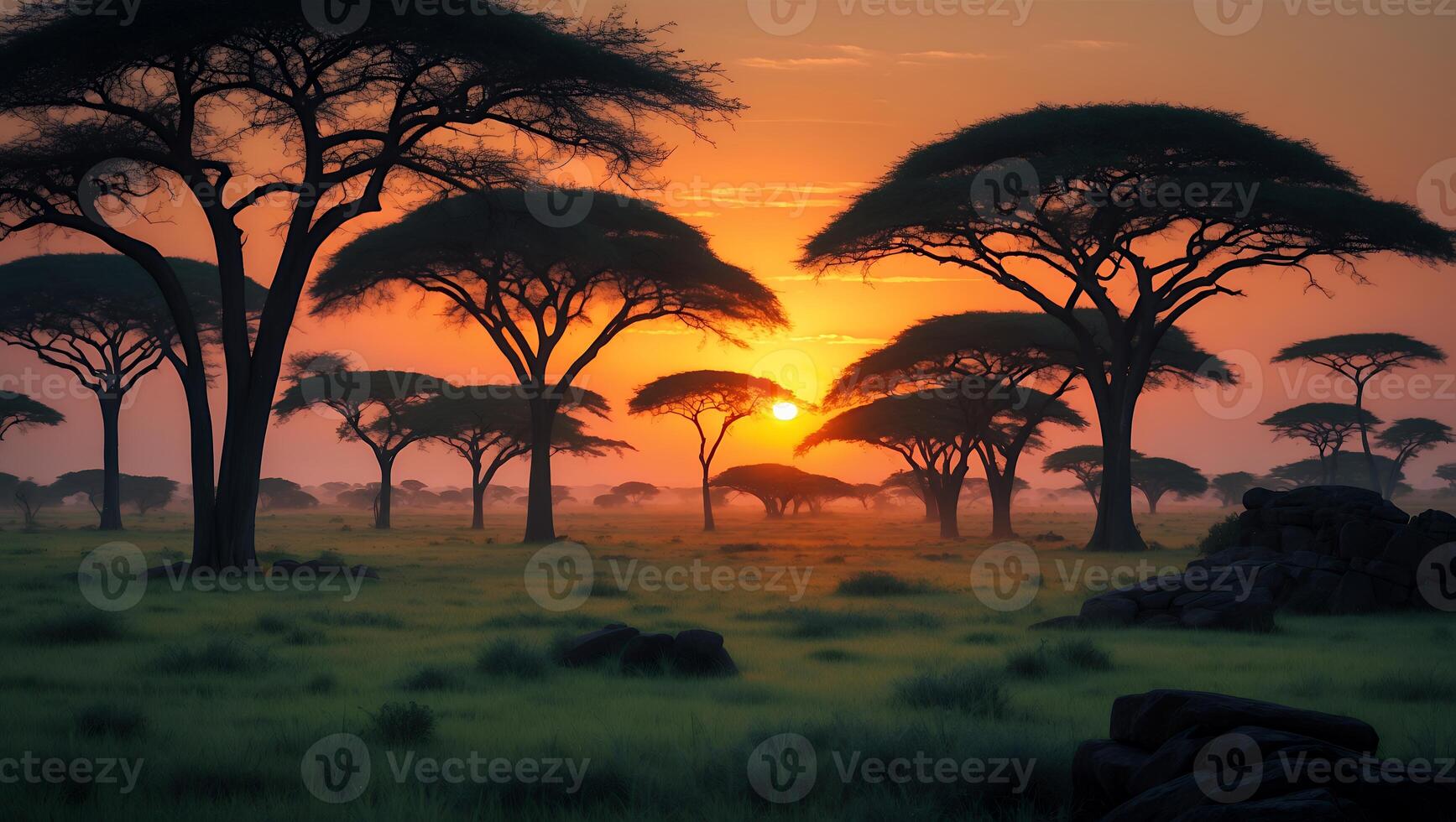 Savanna Trees Silhouetted Against a Bright Sunset with Green Field photo