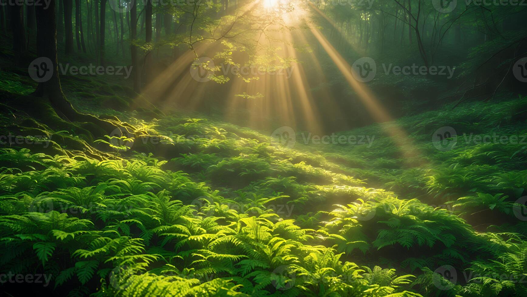 Sun Rays Shining Through Forest Canopy with Ferns on Ground photo