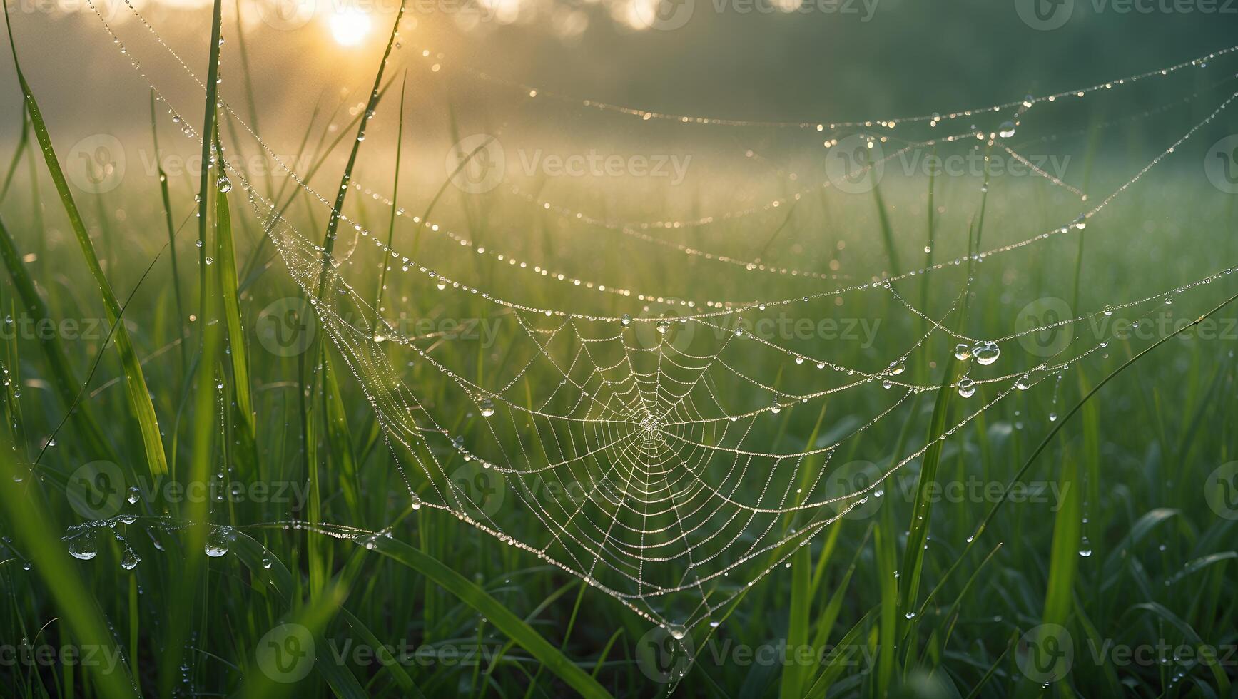 Spiderweb with Dew Drops on Grass at Sunrise in Meadow photo