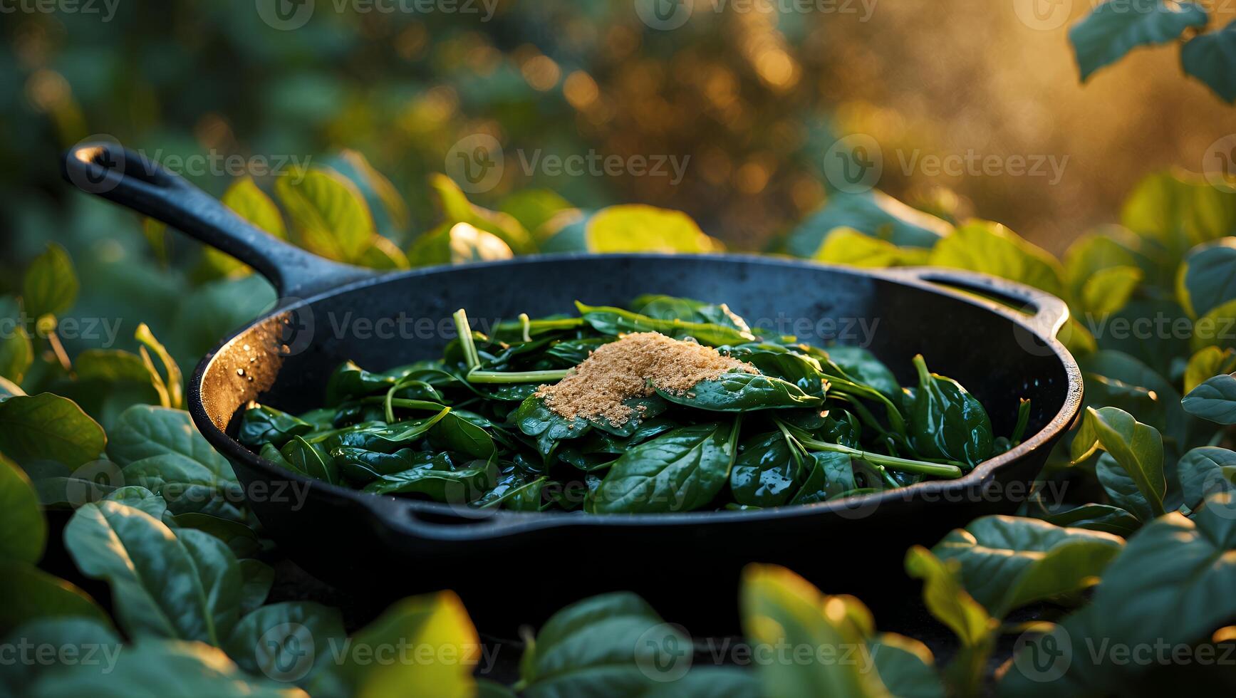 Spinach in Pan Ready to Cook Surrounded by Spinach Leaves photo