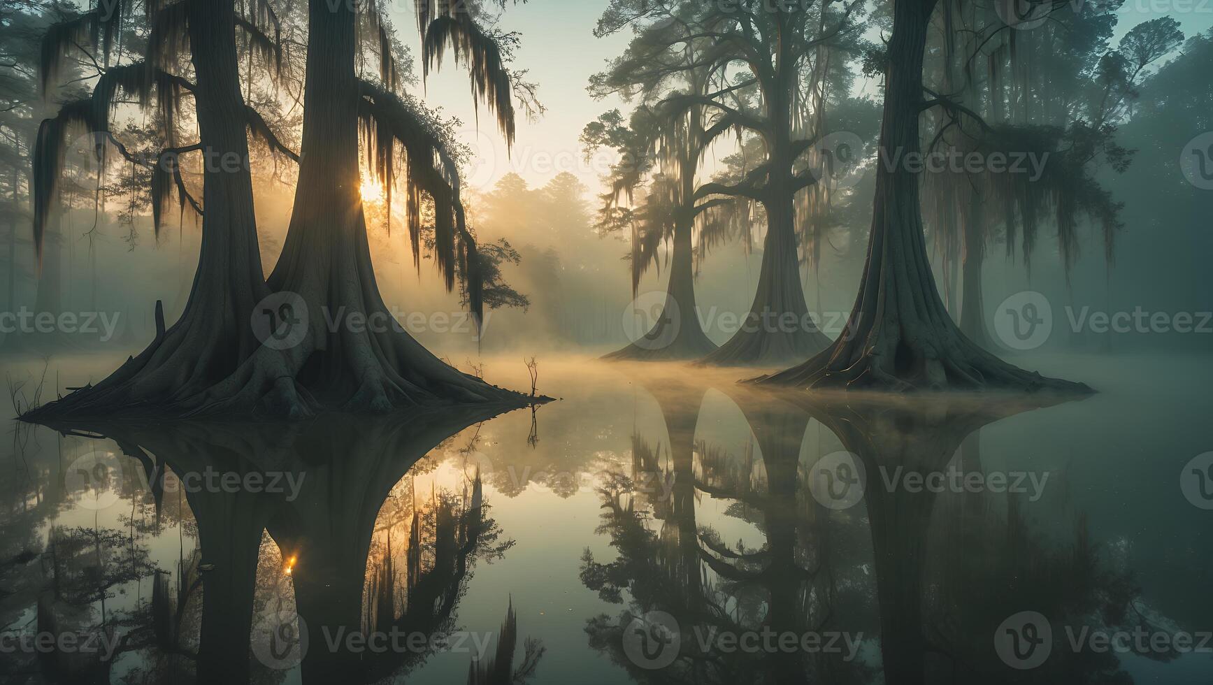Foggy Swamp Landscape with Cypress Trees and Water Reflection photo