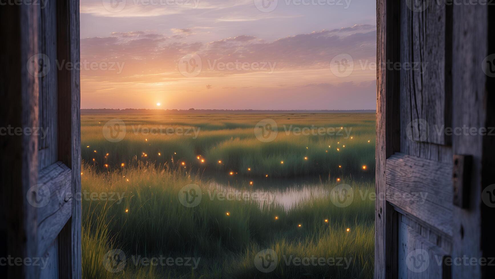 Sunrise Through Open Door Overlooking Marsh with Floating Lights photo