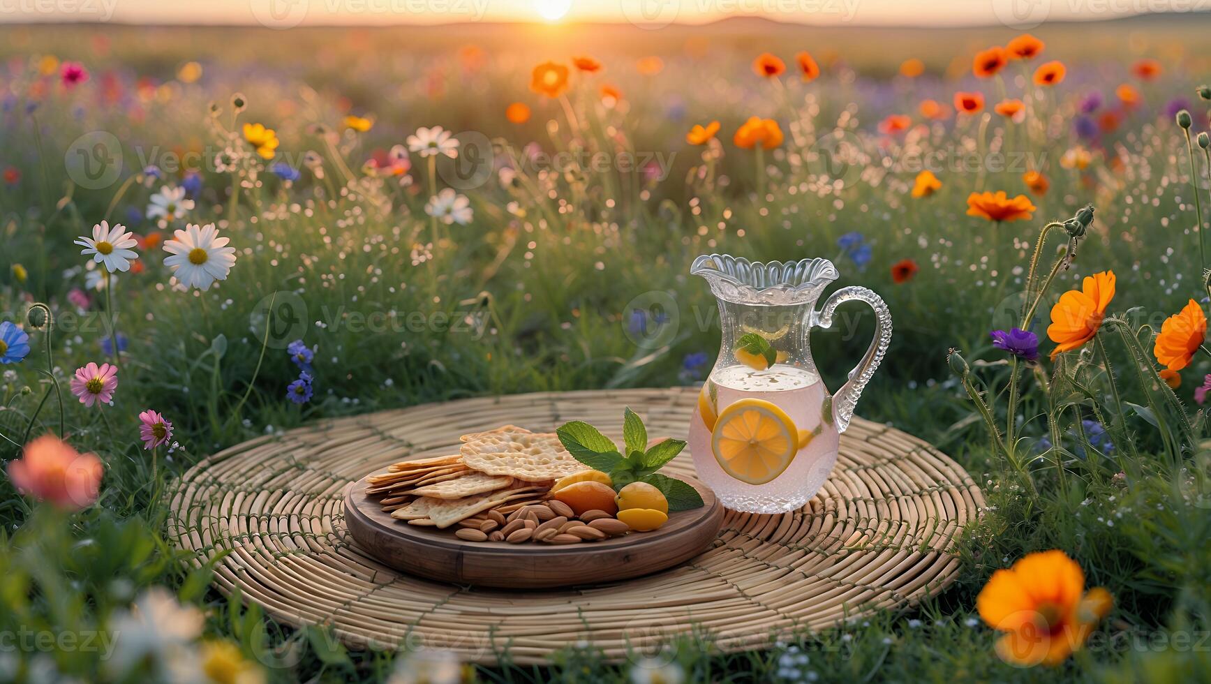 Outdoor Picnic in Wildflower Meadow with Refreshing Lemonade and Snacks photo
