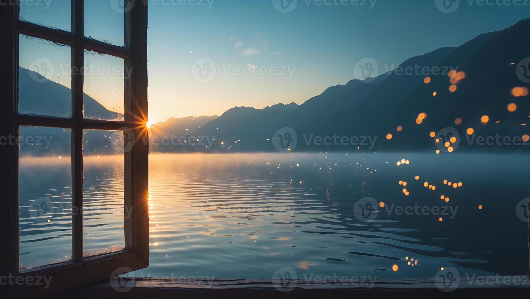 Open Window Overlooking Calm Lake at Sunrise with Mountain Backdrop photo