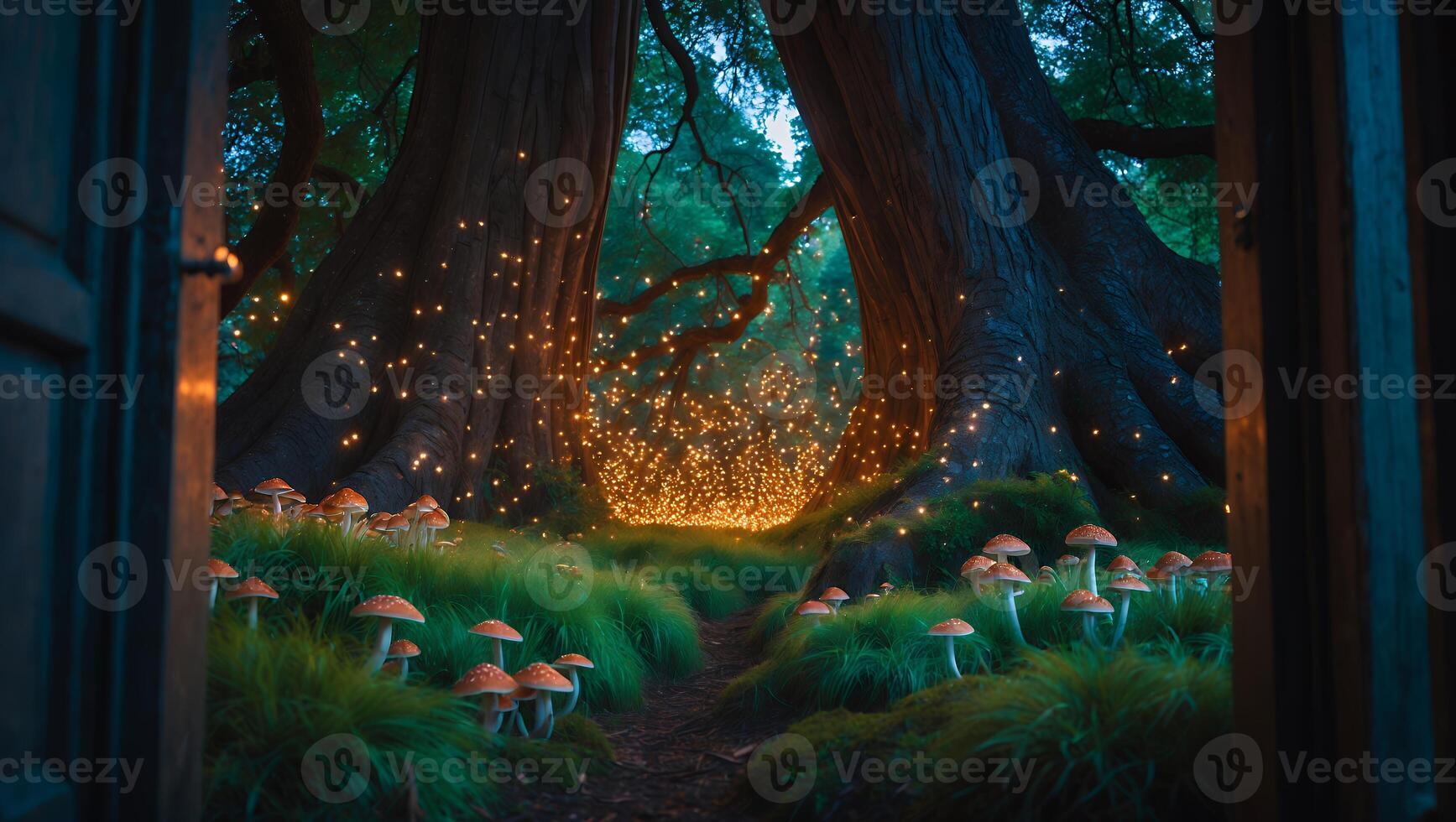 Entering Enchanted Forest Path with Glowing Lights and Amanita Mushrooms photo