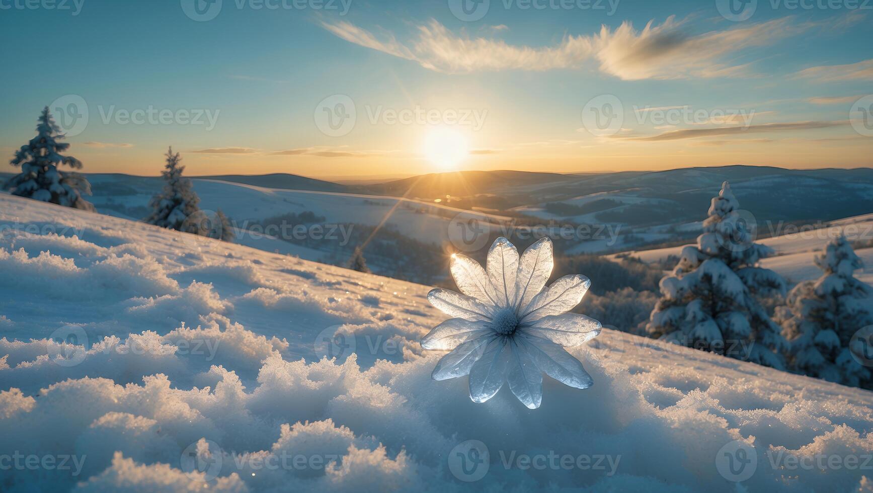 Flower in Snowy Winter Landscape at Sunset with Mountain Views photo