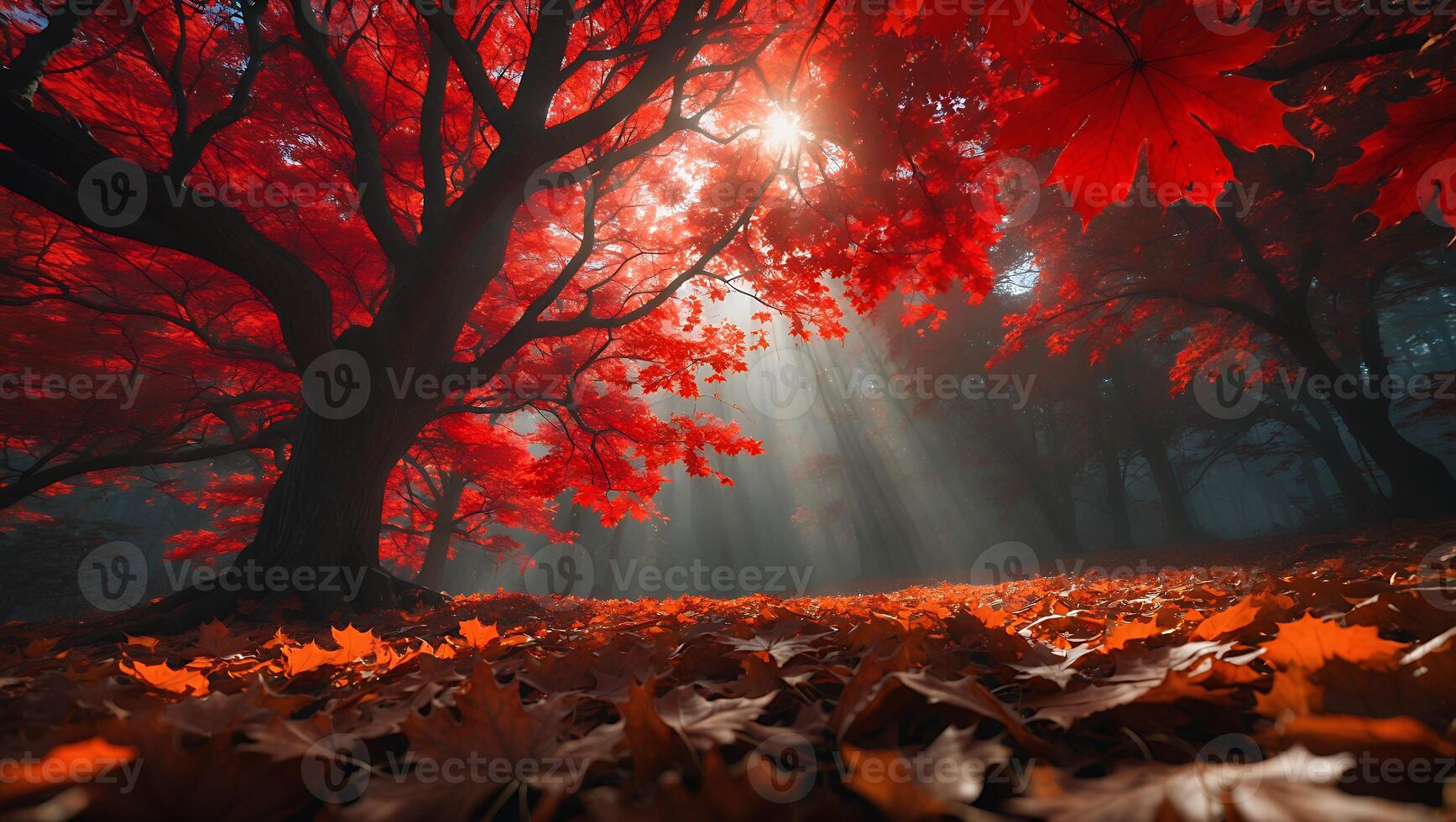Autumn Forest with Red Maple Leaves and Sun Rays Shining Through photo