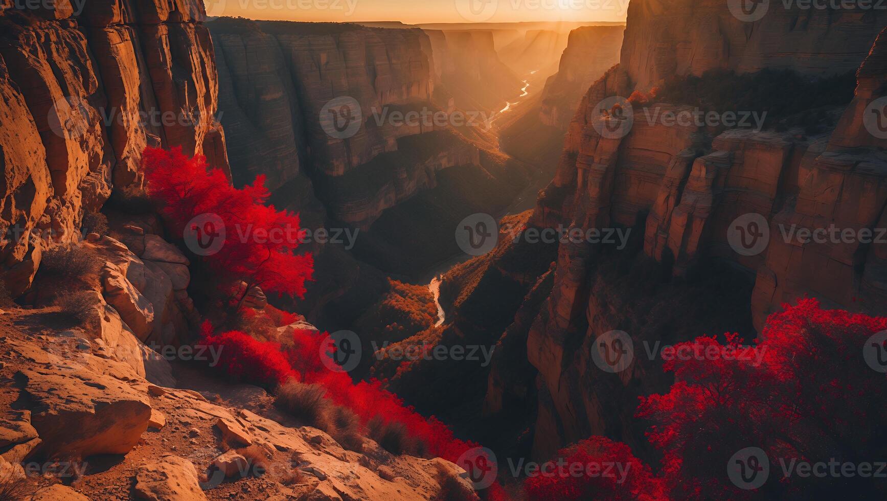 Dramatic Canyon Landscape with Red Trees and Golden Sunlight photo