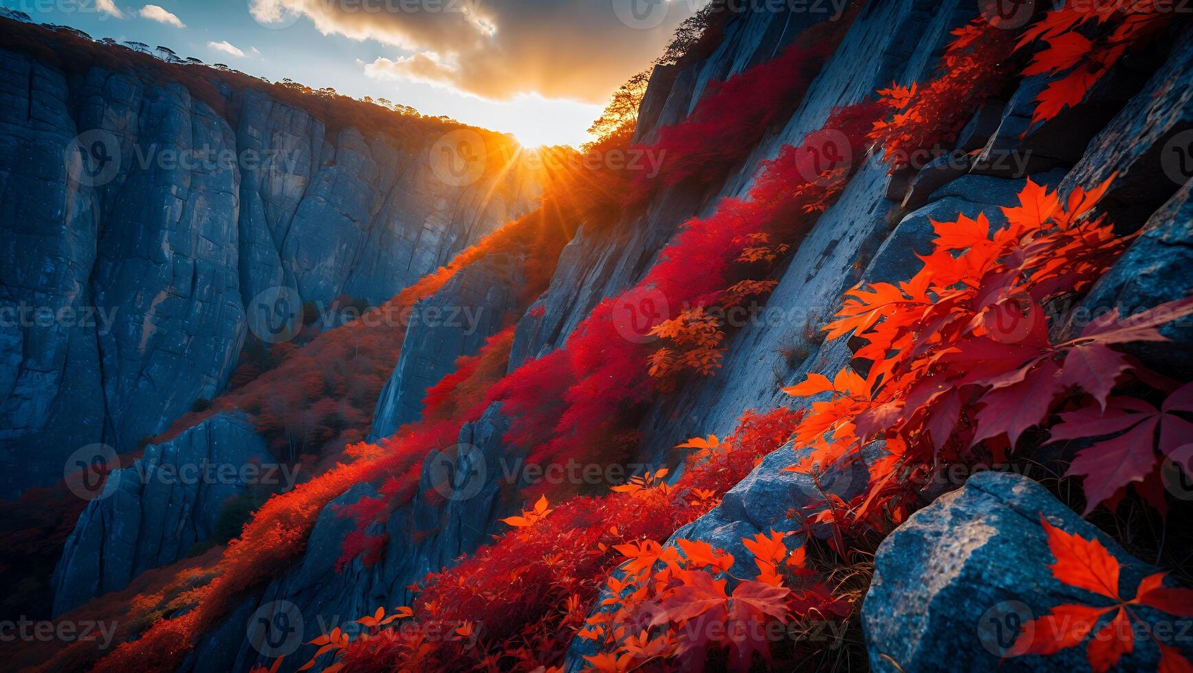 Cliffside Red Foliage at Sunset - Serene Mountain Landscape photo