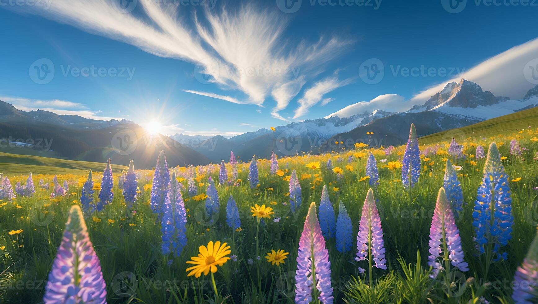 Vibrant Wildflower Meadow with Distant Mountains on a Sunny Day photo