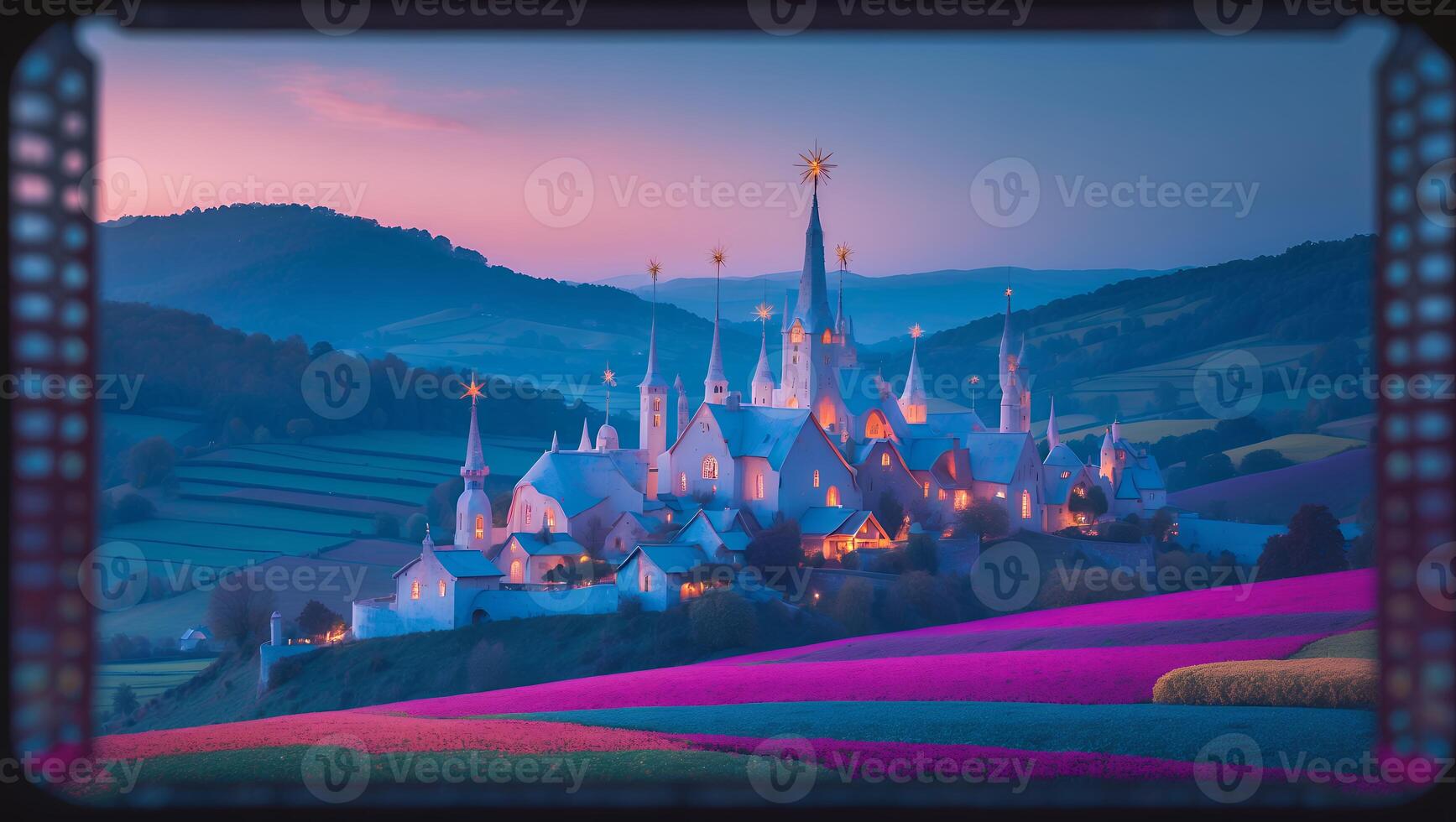Fantasy Village at Dusk with Blooming Meadows and Rolling Hills photo