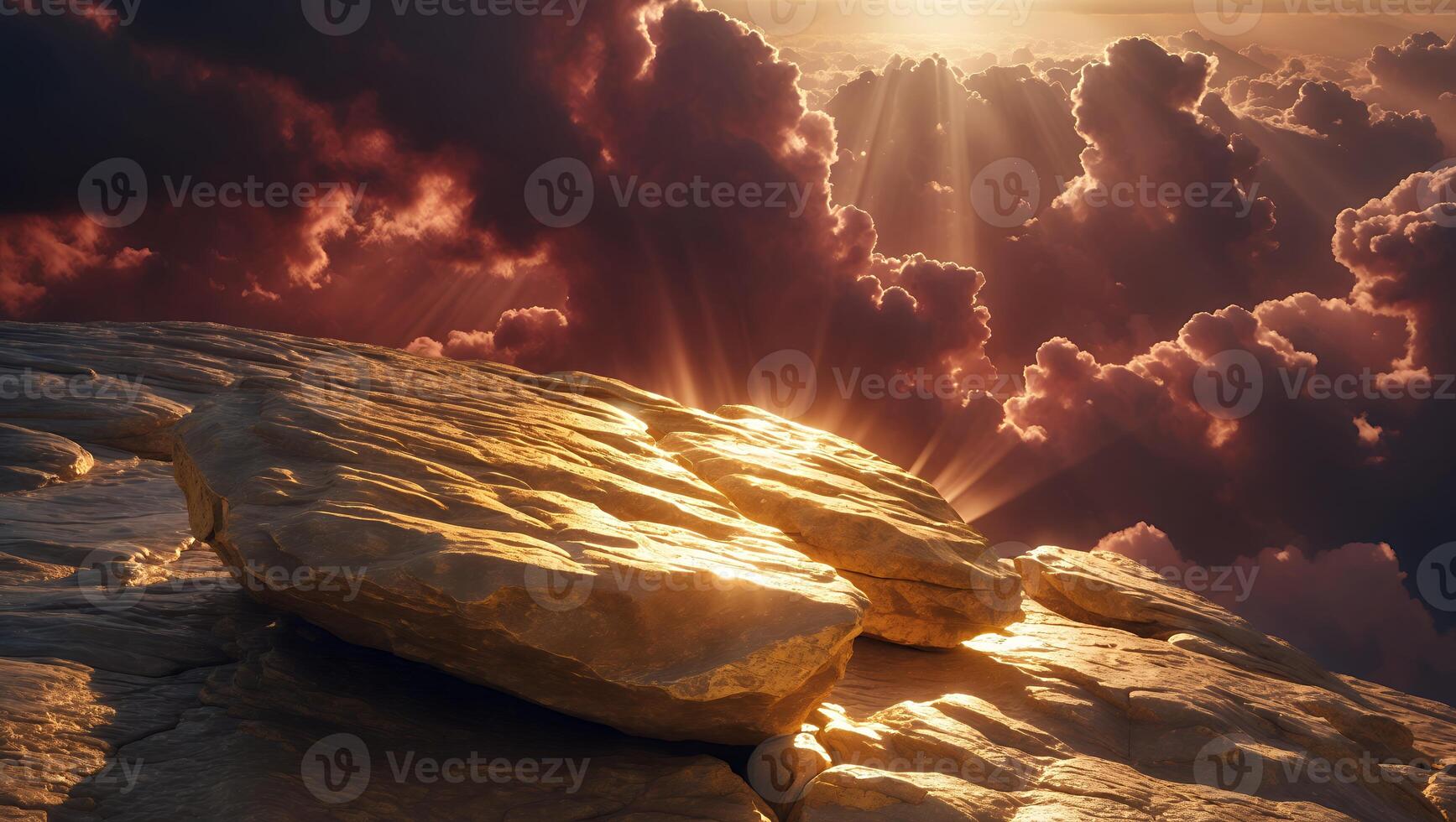 Rocks on a High Peak with Sun Rays and Cloudy Sky View photo
