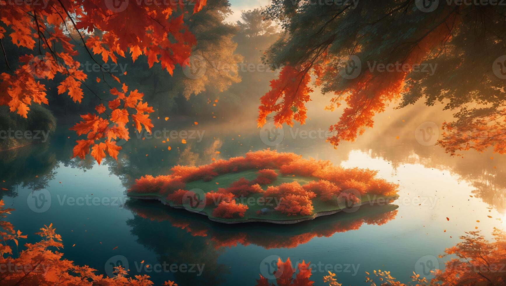 Autumn Lake Island with Mist and Sunlight Through Orange Trees photo