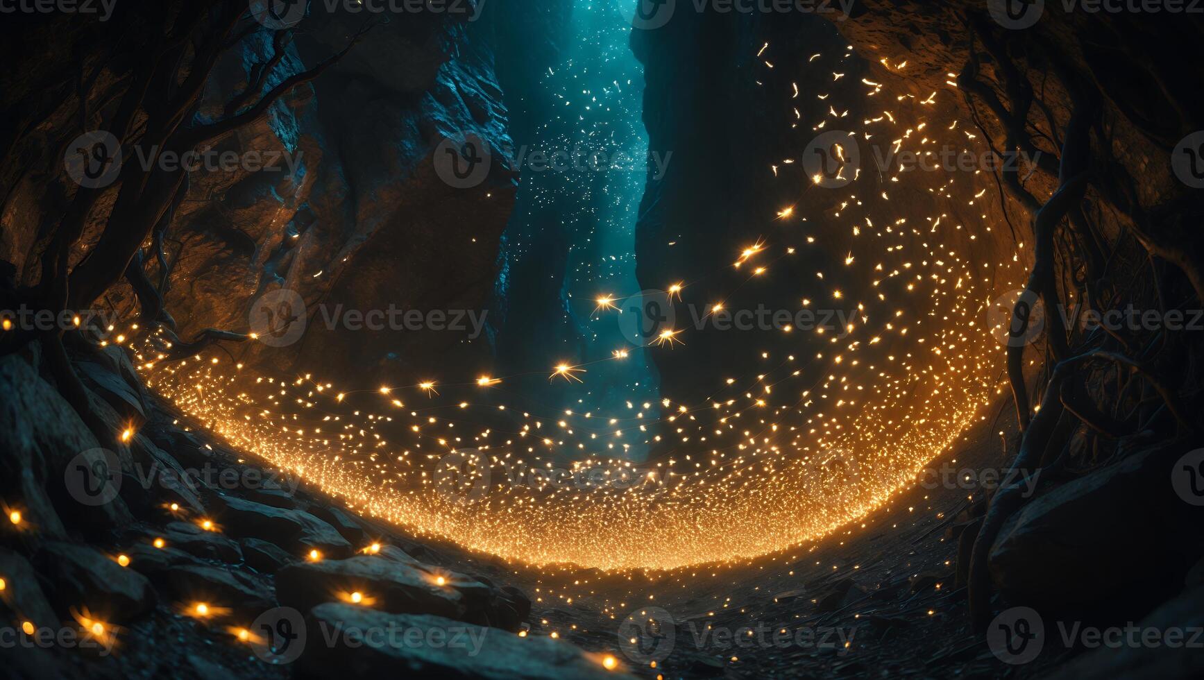 Glowing Particle Stream in Dark Cave with Striking Blue Light photo