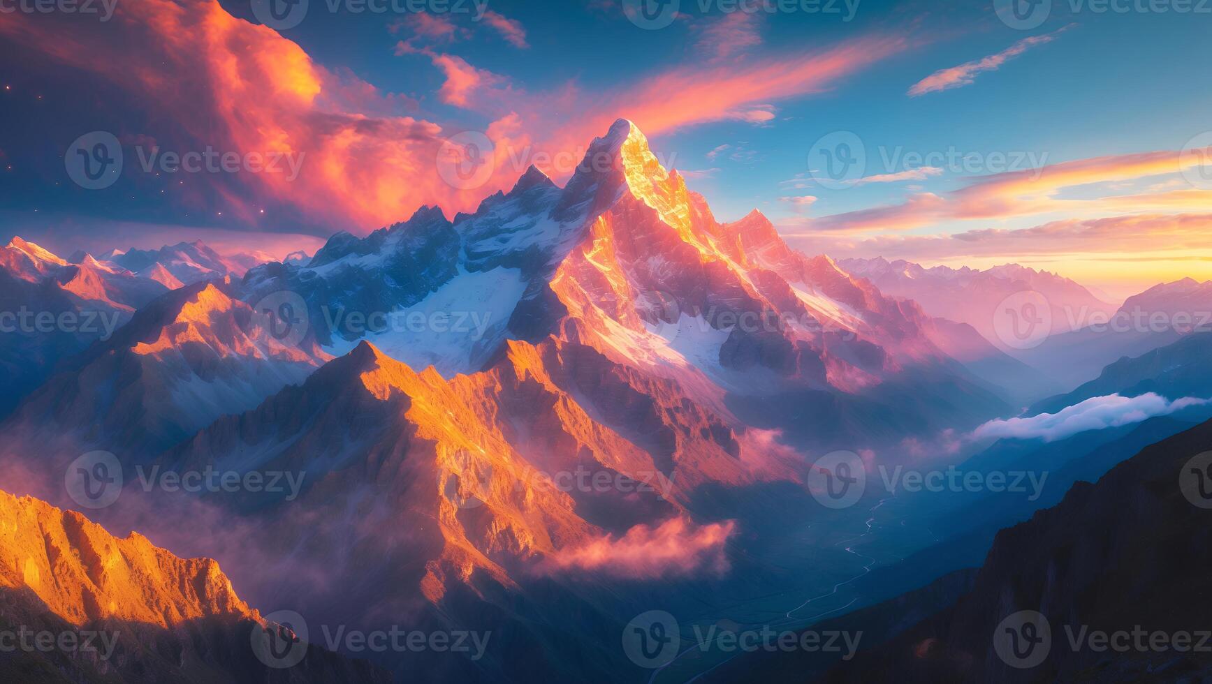 Majestic Mountain Peaks Glowing at Sunset with Clouds and Valley View photo