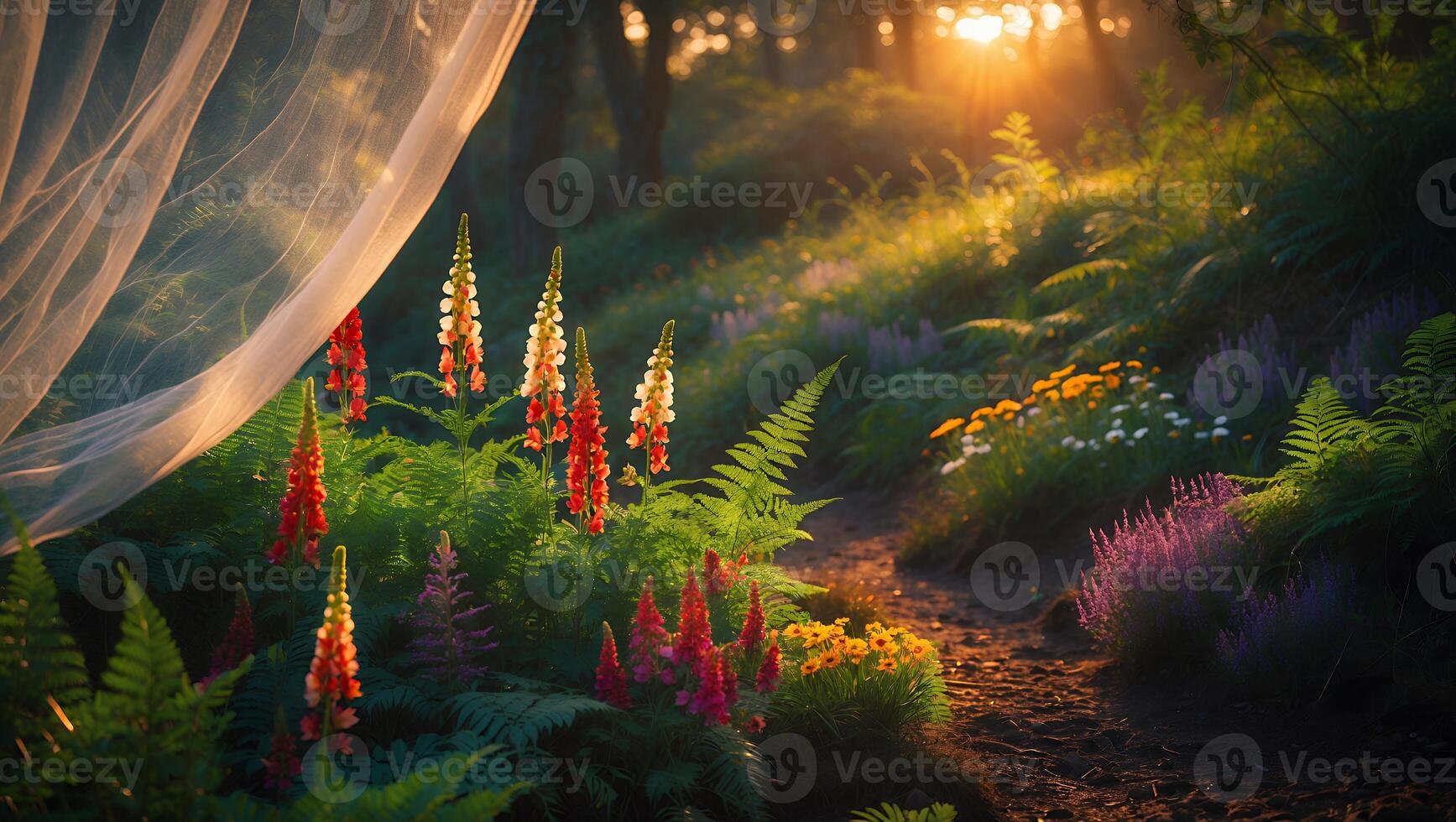 Exploring Forest Path with Wildflowers and Sunlight Streaming Through Trees photo