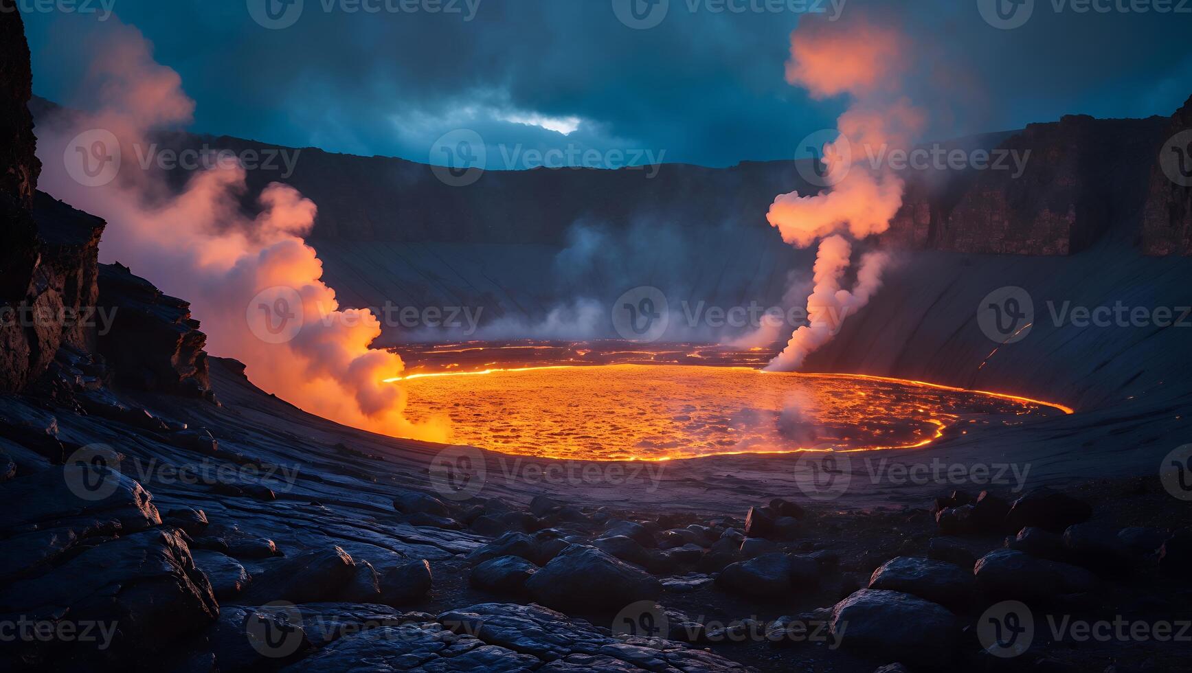 Erupting Volcano with Flowing Lava and Rising Smoke at Night photo
