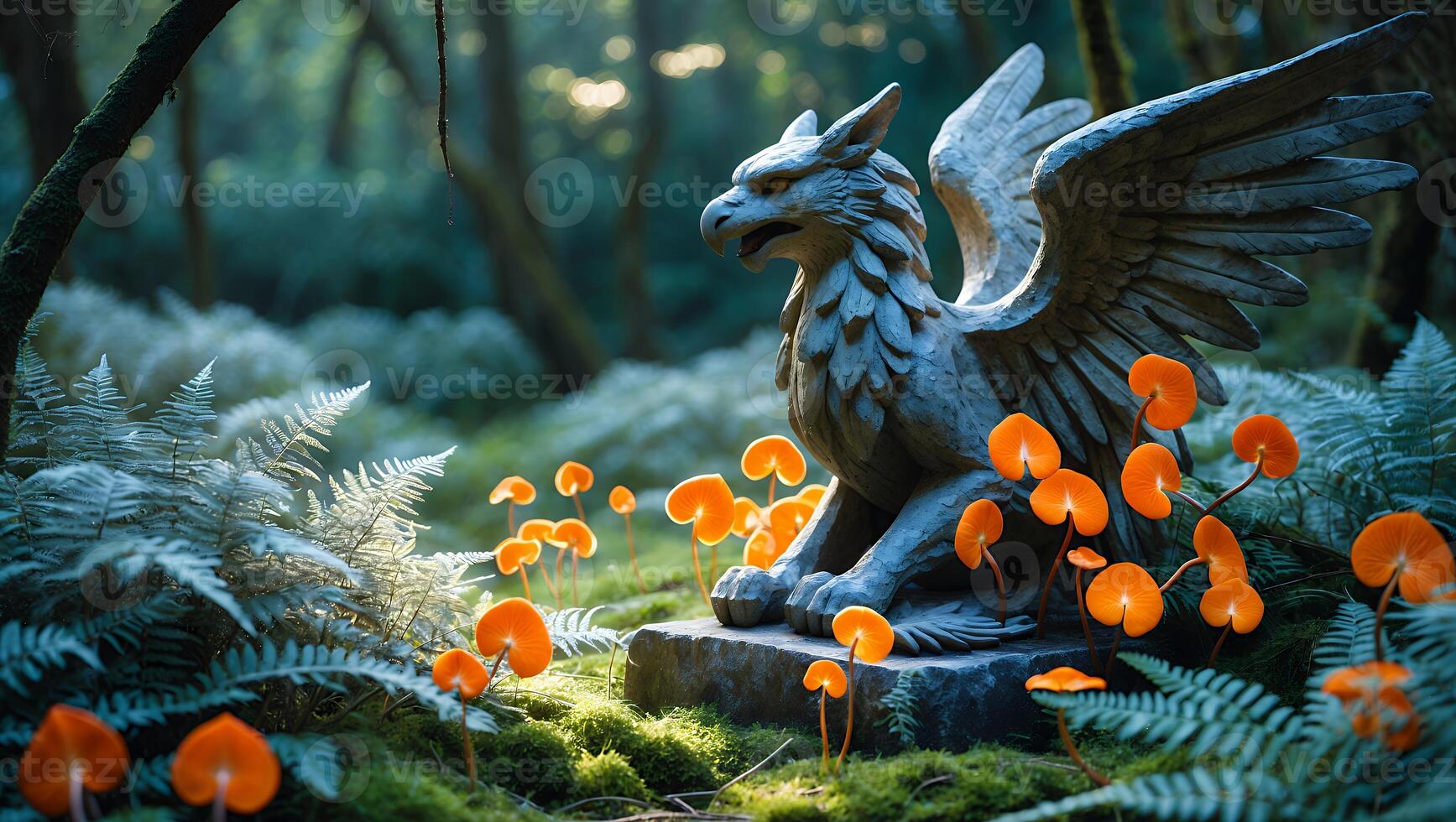 Stone Griffin Statue in Forest with Orange Mushrooms and Ferns photo