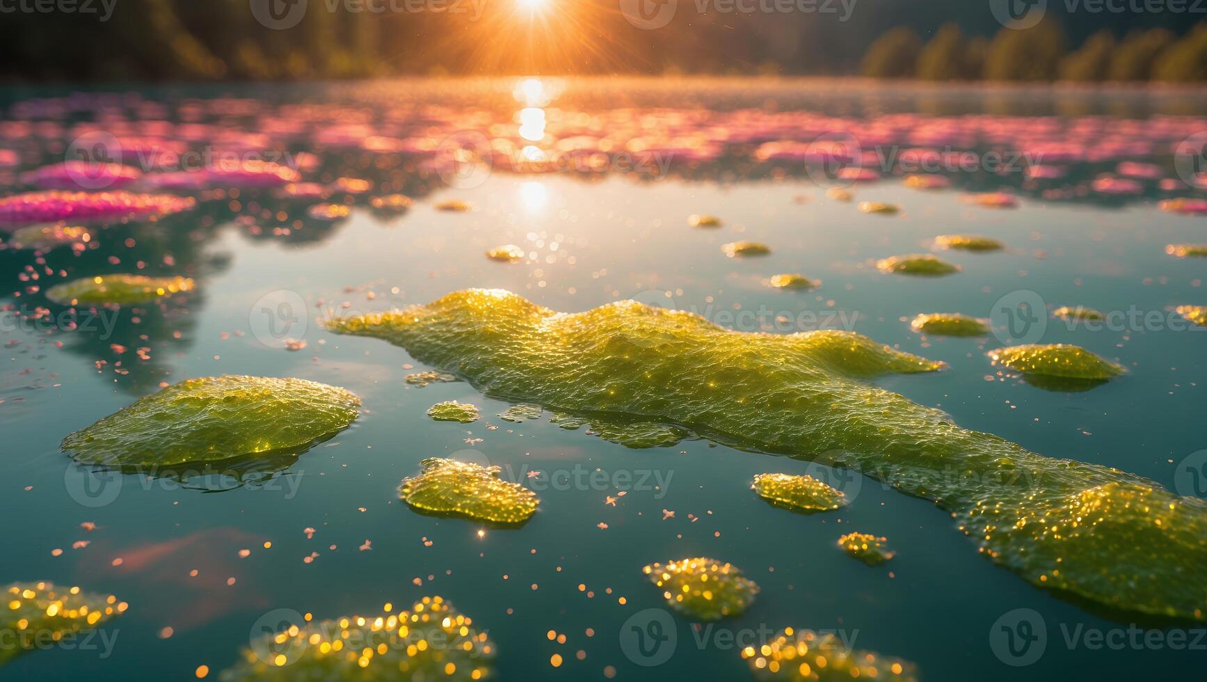 Floating Algae on Water Surface at Sunset with Light Reflection photo