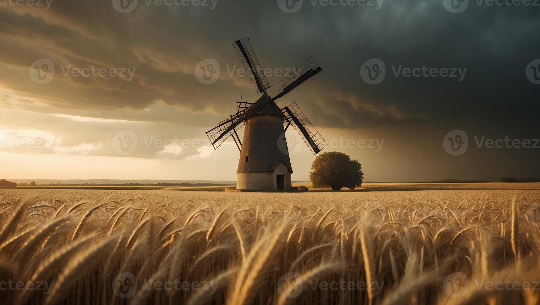 Windmill in Wheat Field Under Dramatic Sky Before Approaching Storm photo