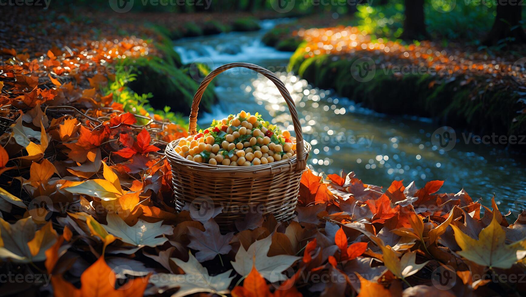 Basket of Chickpeas by Stream with Autumn Leaves in Forest photo