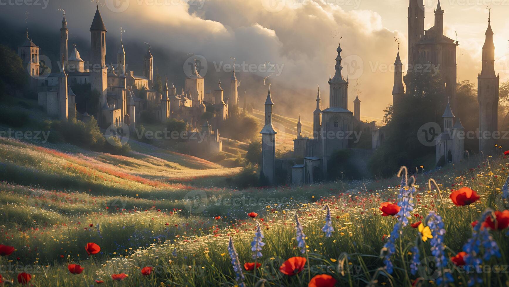 Majestic Castle Overlooking Flower Field with Soft, Golden Light photo