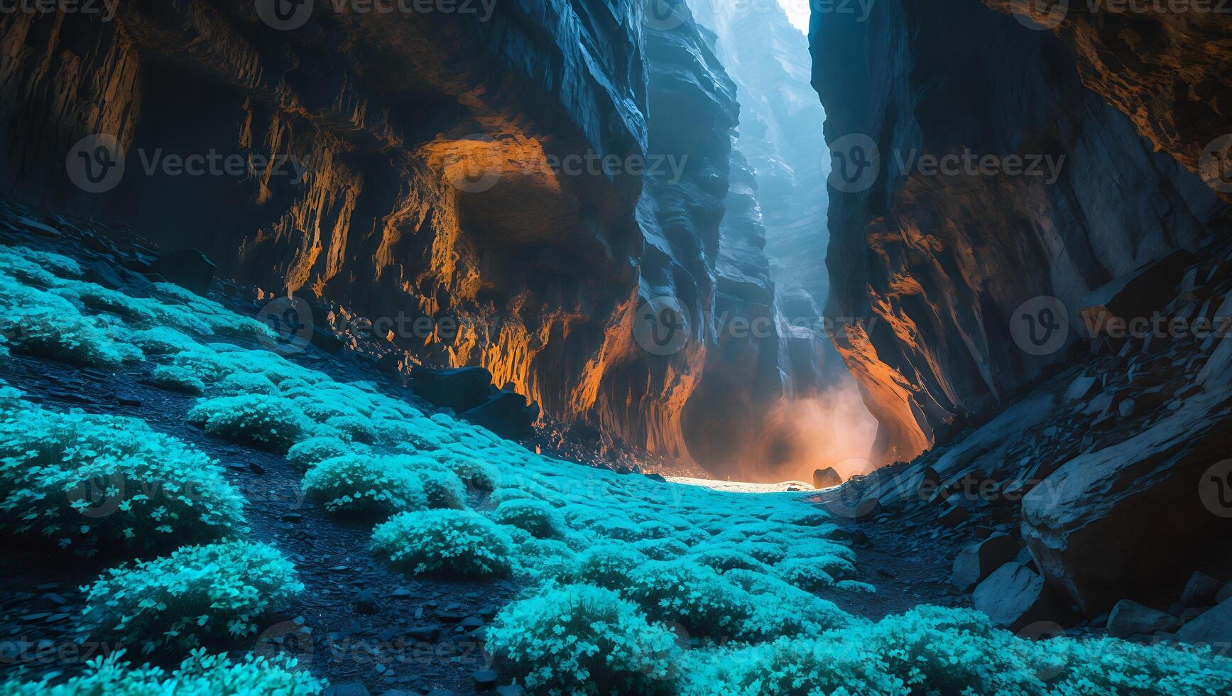 Exploring Deep Canyon with Glowing Plants and Mysterious Light Rays photo