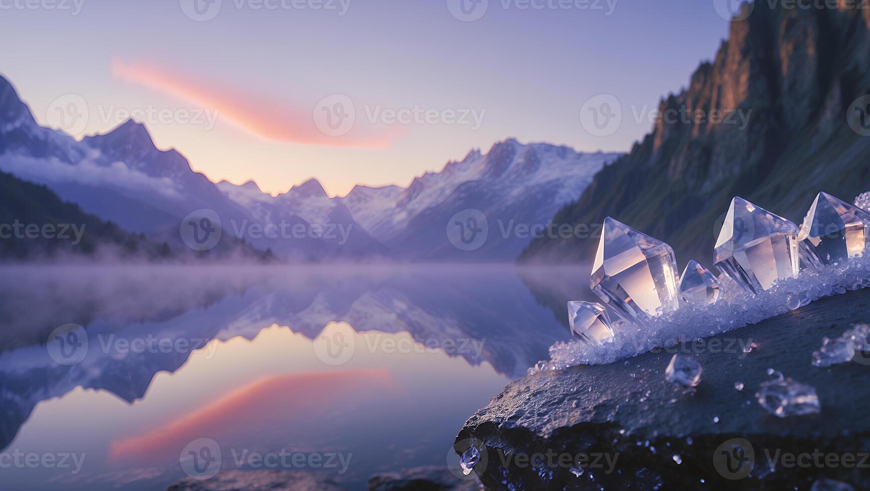 Crystals on Rock Overlooking Lake Reflecting Mountains at Dawn photo