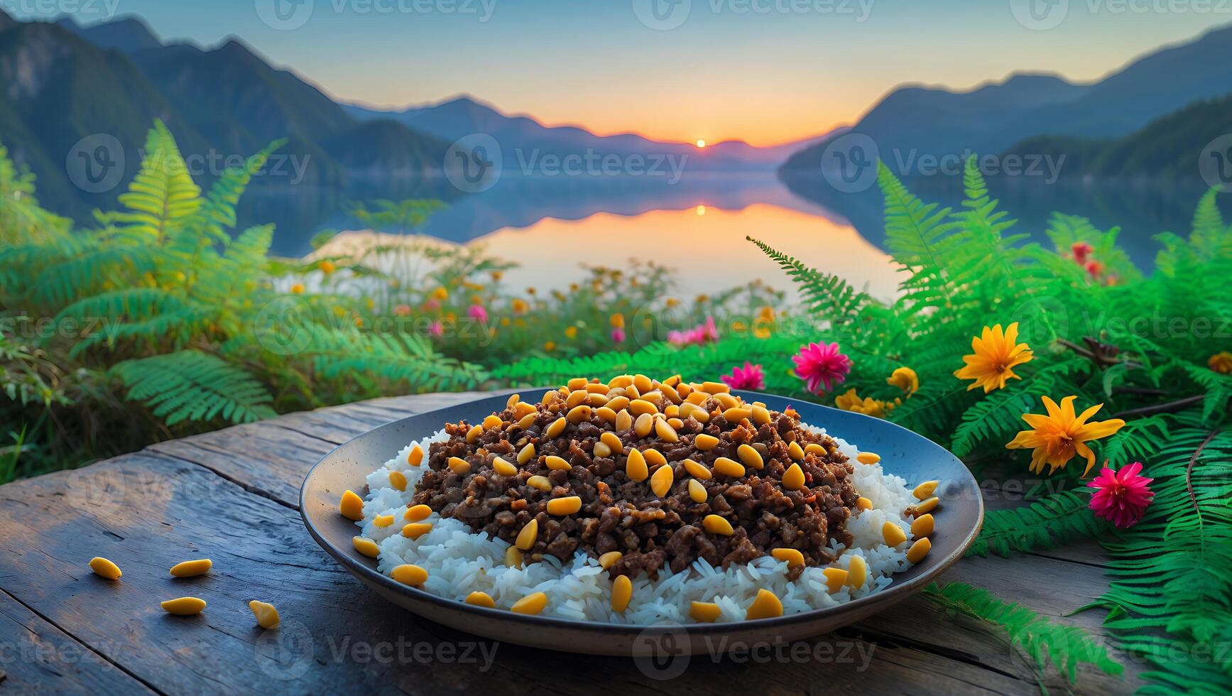Delicious Food Plated with Landscape Scenery at Colorful Sunset photo