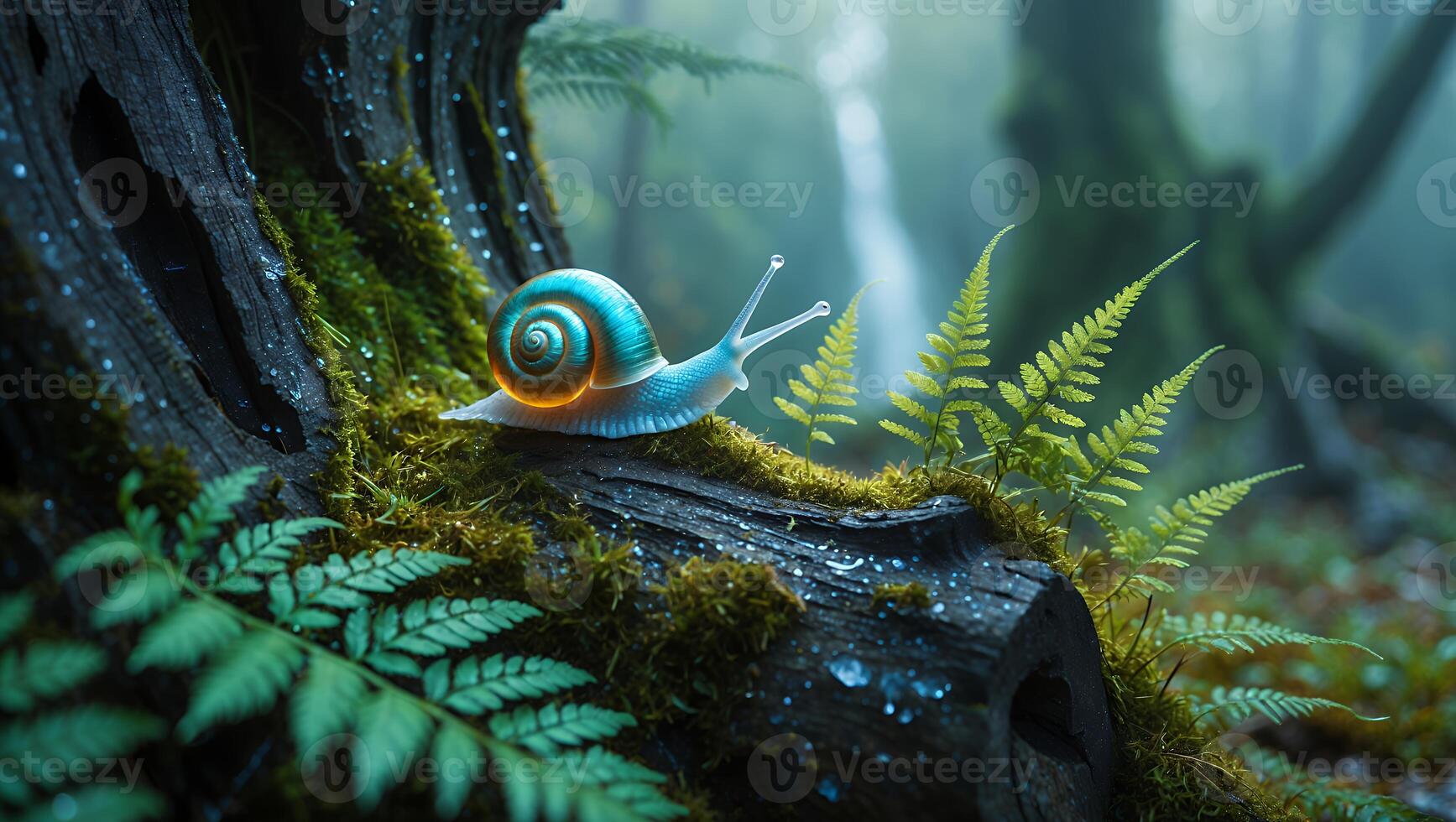 Snail Crawling on Log with Ferns in Enchanted Forest Scene photo