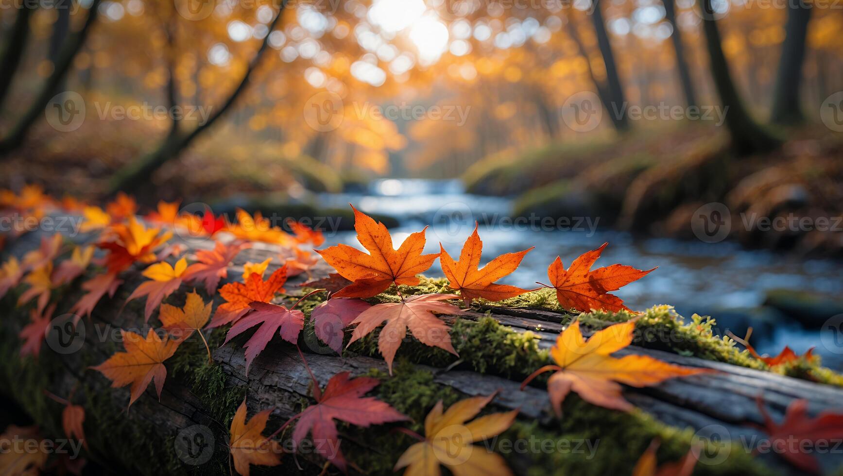 Autumn Leaves on Log in Forest Stream photo