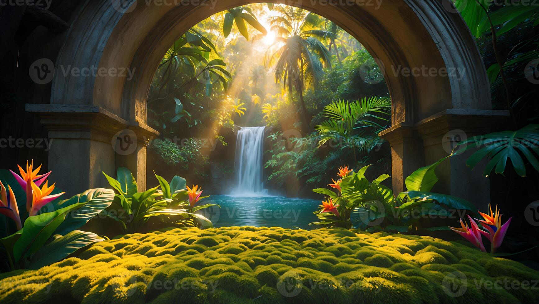 Tropical Waterfall Through Stone Archway in Lush Garden photo
