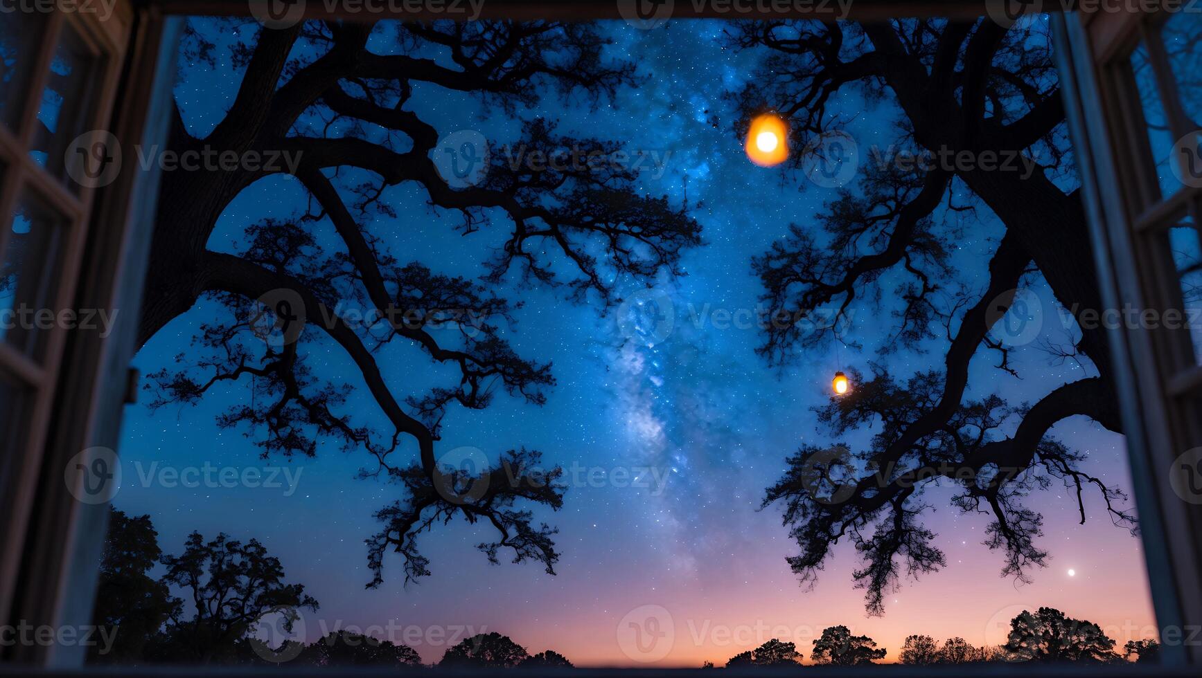 Night Sky View From Window with Tree and Light photo