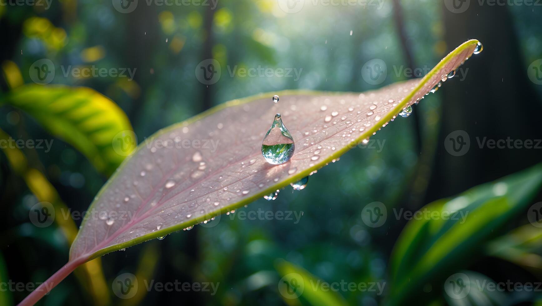Water Drop on Leaf with Forest Reflection photo