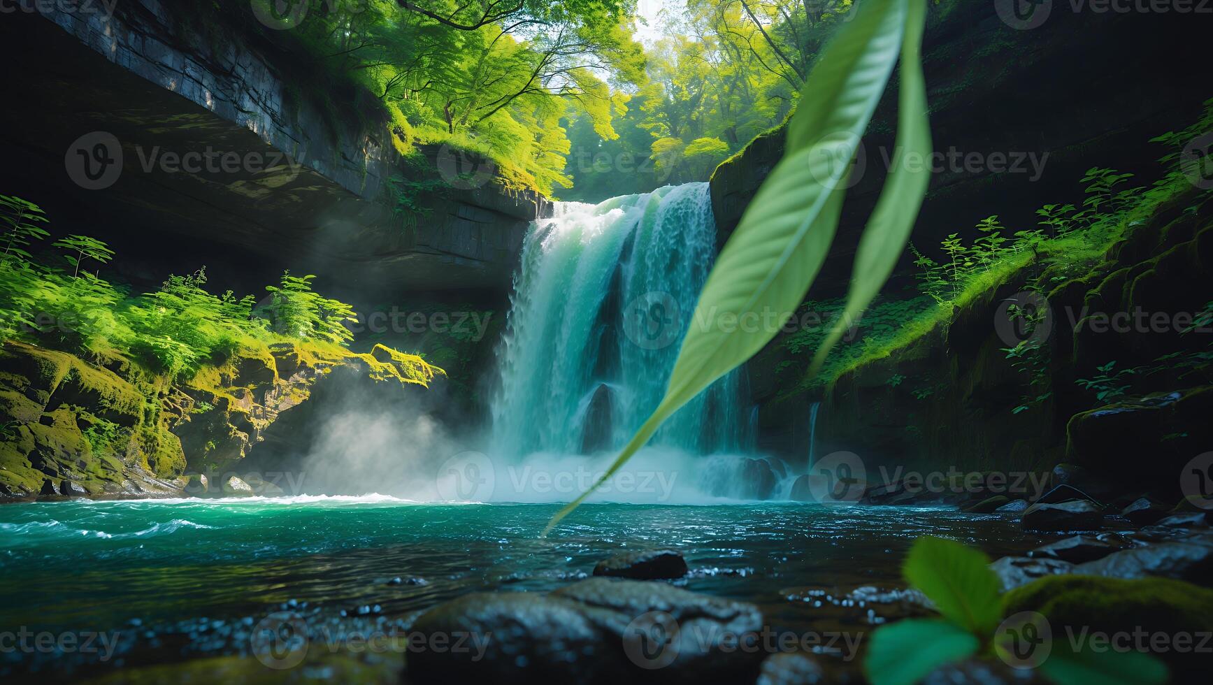 Waterfall in Forest Scene with Rock Cliff and Lush Greenery photo
