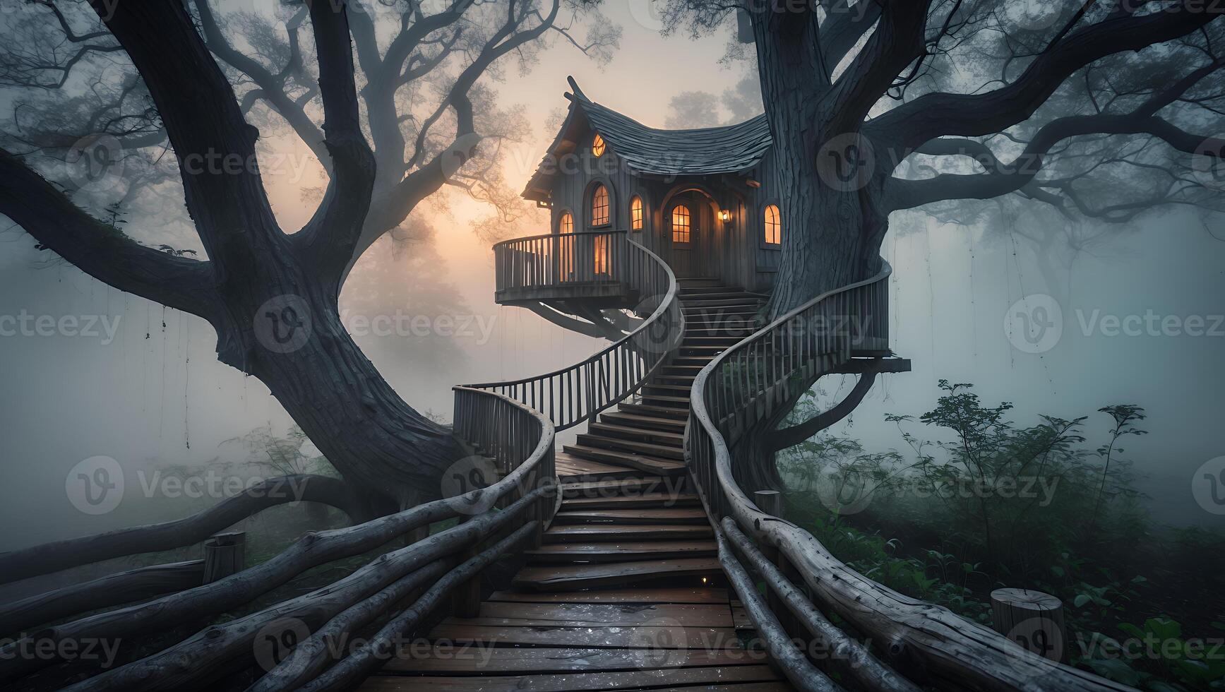 Treehouse with Wooden Staircase in Foggy Forest Landscape photo