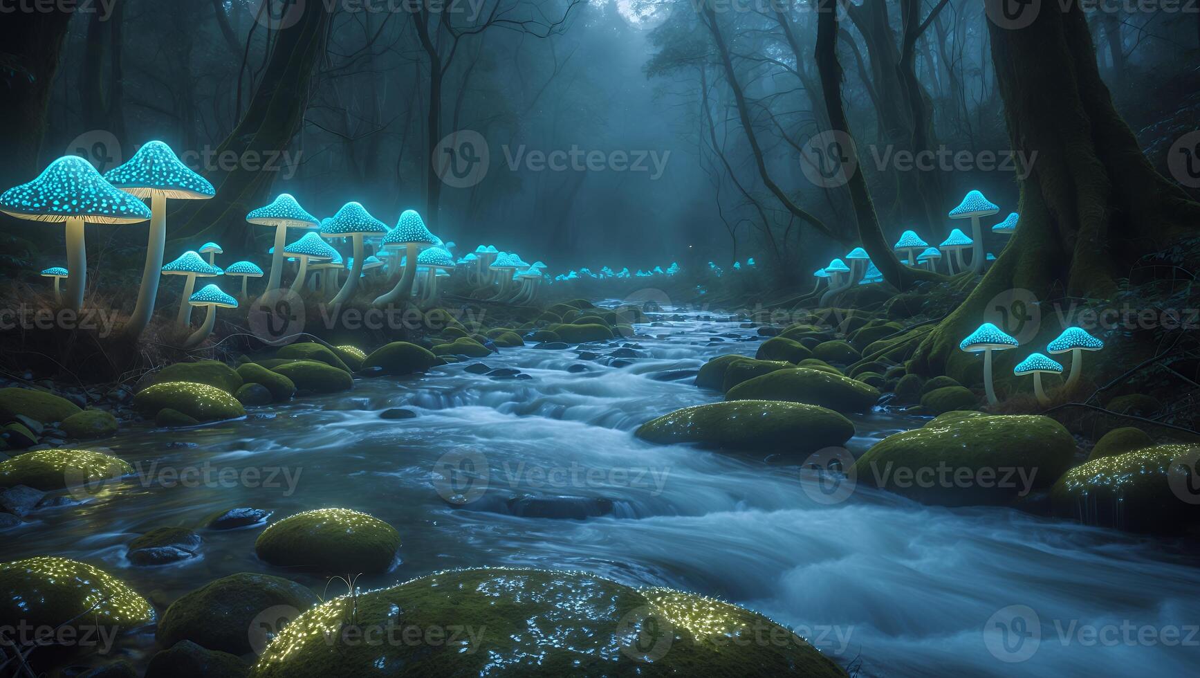 Glowing Mushroom Along River in Forest photo
