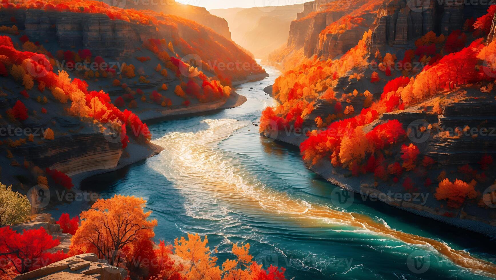 River Flowing Through Autumn Canyon with Colorful Foliage at Sunrise photo