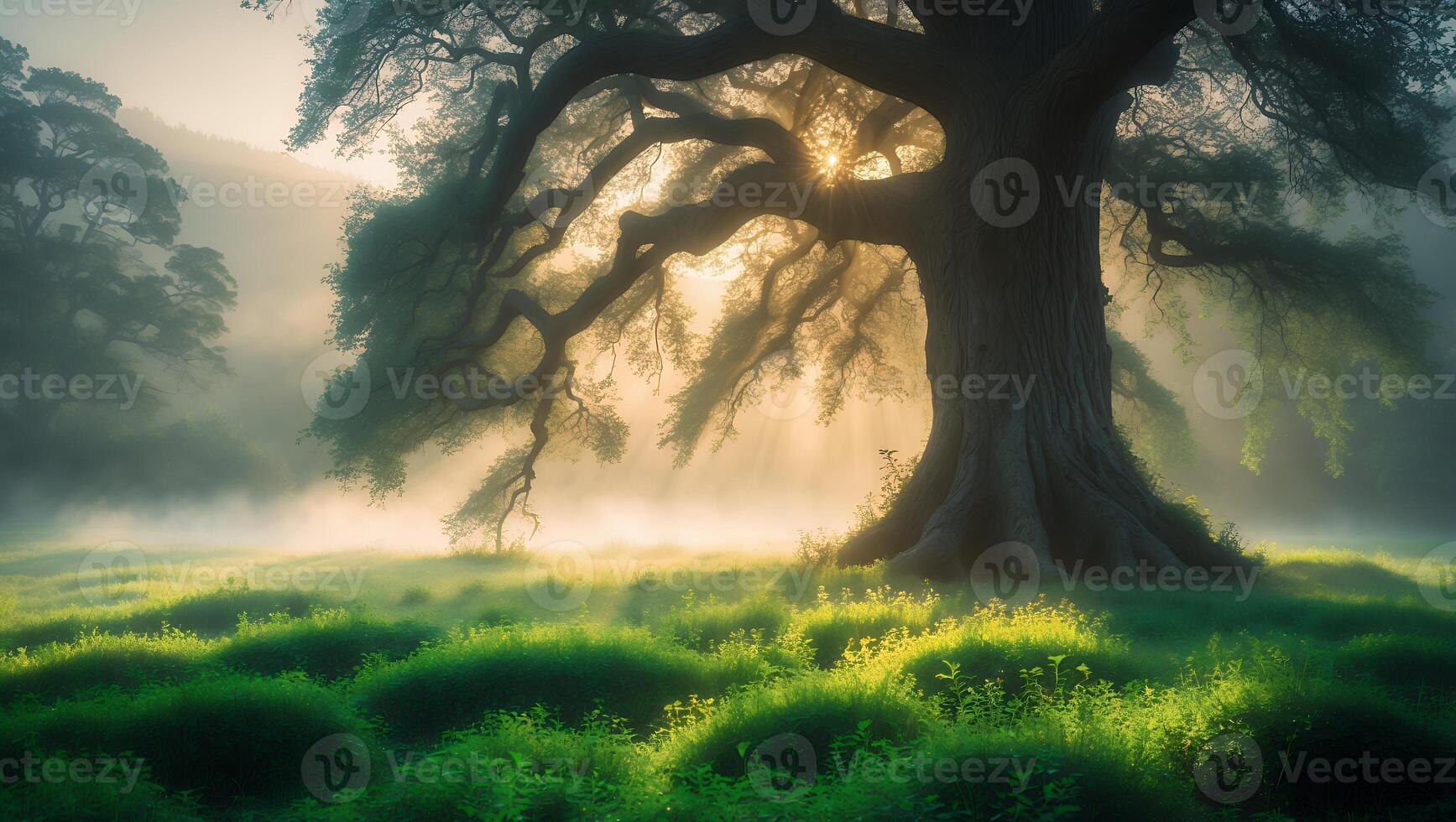 Majestic Tree with Sunlight Streaming Through Branches in Misty Meadow photo