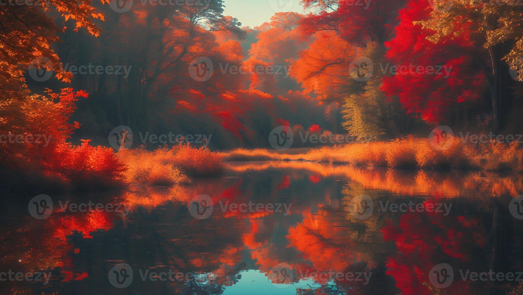 Reflecting Autumn Trees on Calm Lake Surface in Tranquil Nature photo