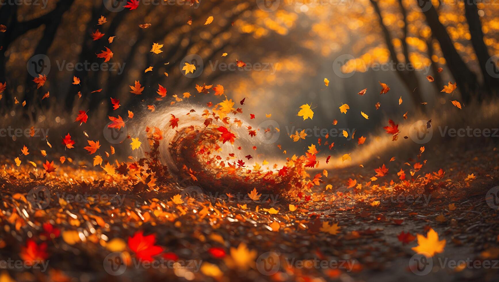 Autumn Leaves Whirlwind on Forest Path photo