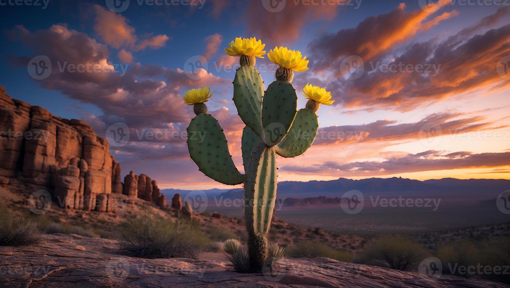 Cactus with Yellow Flower in Desert Landscape at Sunset photo